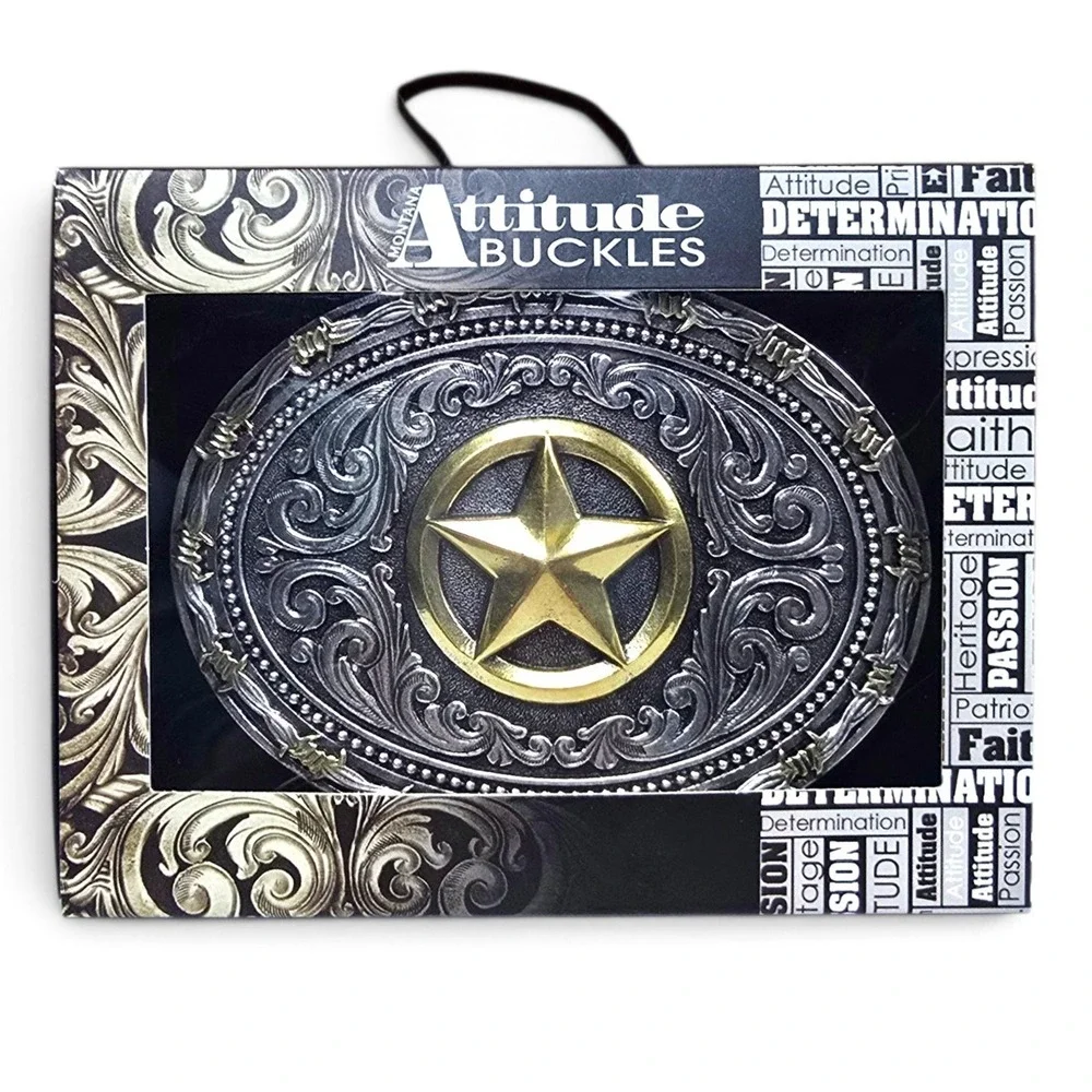 Montana Silversmiths Texas Star Barbed Wire Western Belt Buckle Two-tone New